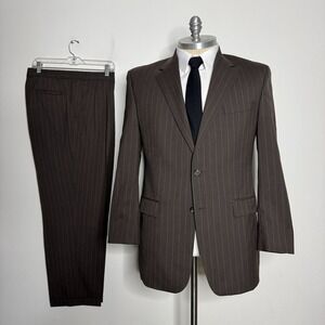 Chaps Ralph Lauren Mens Suit - Brown Stripe Jacket 44L & 36W Pants Wool Cashmere